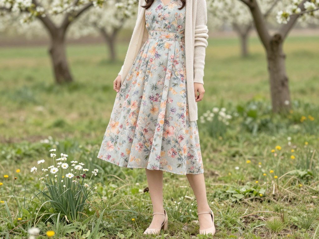 Woman in a floral midi dress with a light cardigan at a spring country wedding