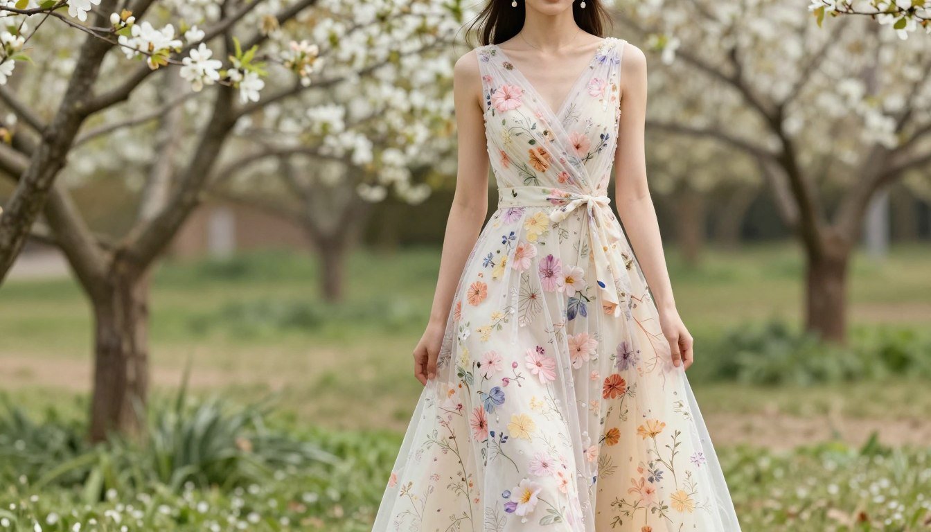 Woman in a floral spring wedding guest dress walking through a garden setting