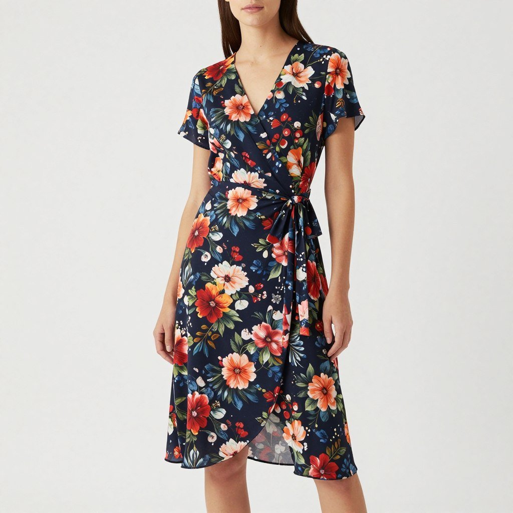 Woman in a floral wrap dress showing its adjustable fit and flattering neckline