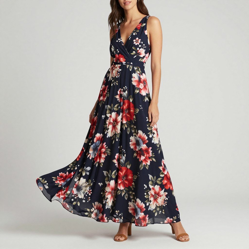 Woman in a flowing floral maxi dress ideal for formal or beach weddings