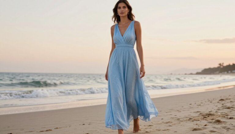 Woman in a flowy beach wedding guest dress walking along shoreline at sunset