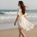 Woman in a flowy white short summer dress walking on beach