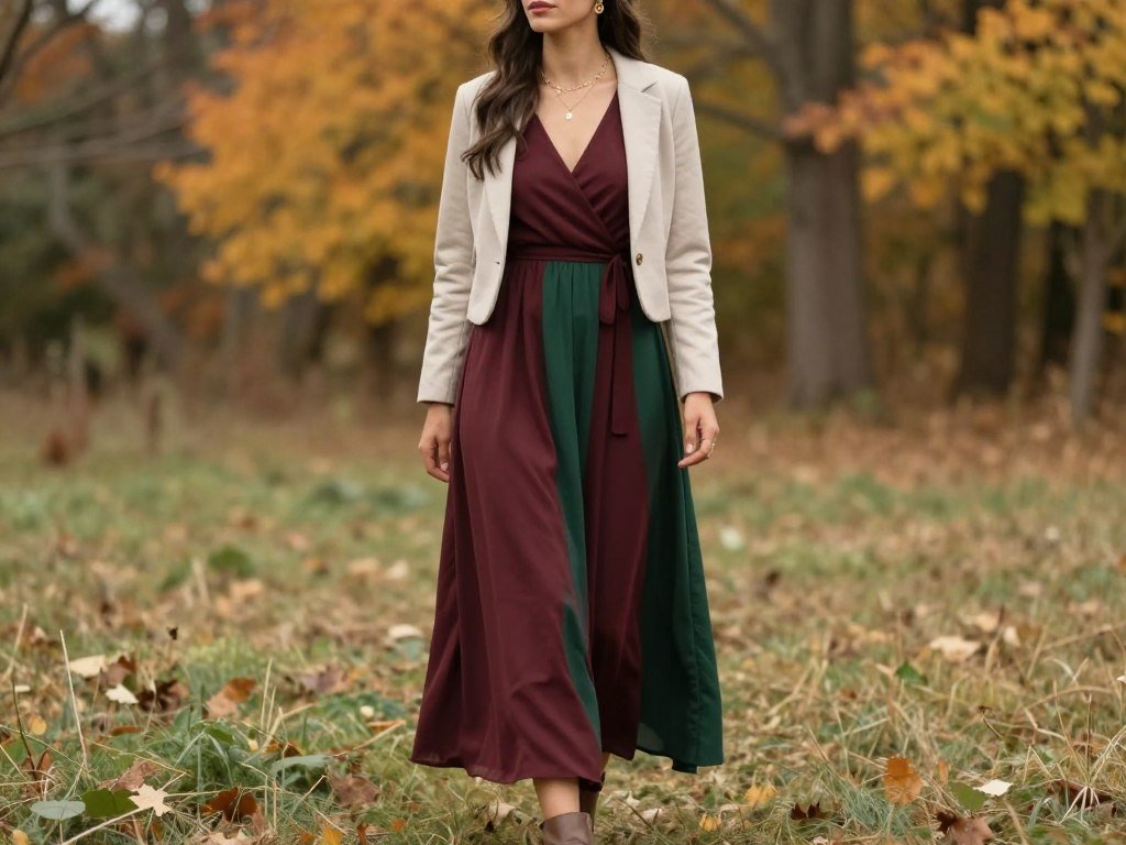Woman in a jewel-toned maxi dress with a wrap at a fall country wedding
