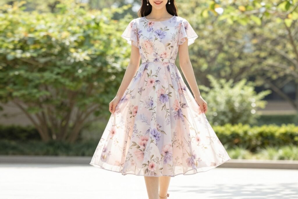 Woman in a light pastel floral midi dress perfect for a spring wedding