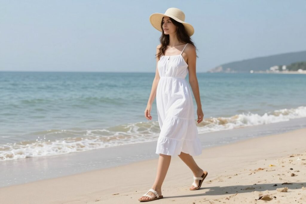 Woman in a lightweight babydoll dress with sun hat and sandals at the beach