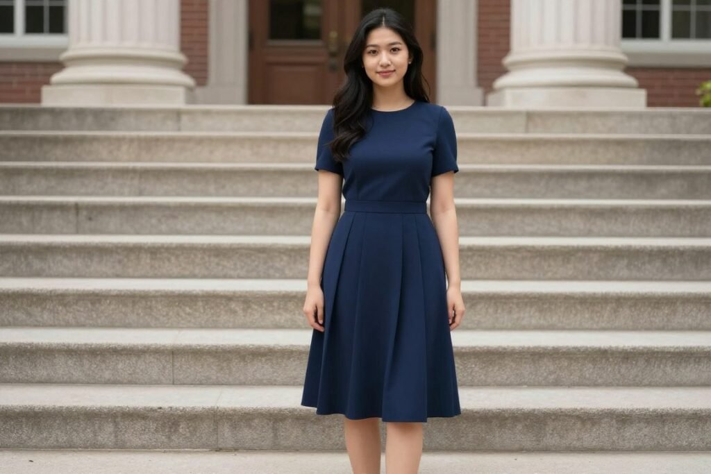 Woman in a navy blue midi graduation dress