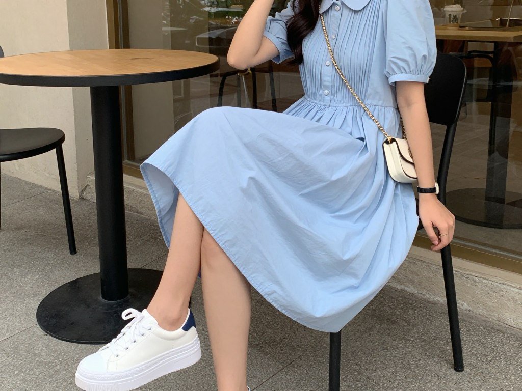 Woman in a pastel babydoll dress outfit with white sneakers and crossbody bag