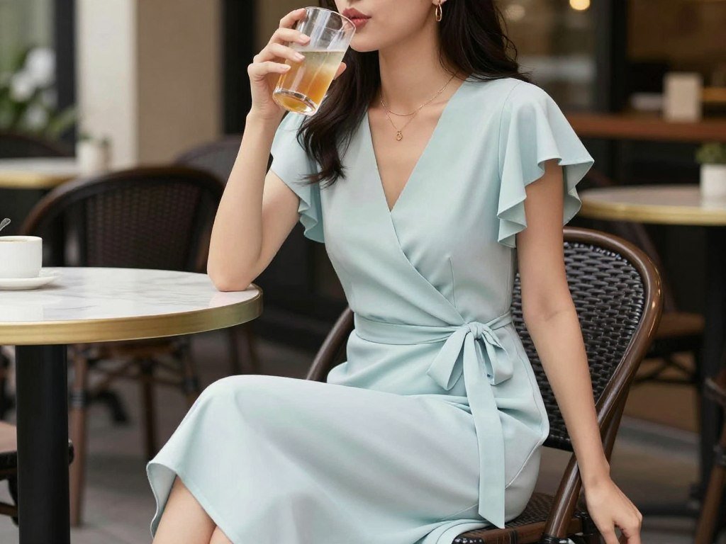 Woman in a pastel-colored midi wrap dress at an outdoor cafe