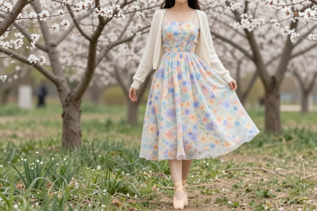 Woman in a pastel floral babydoll dress with light cardigan and ballet flats