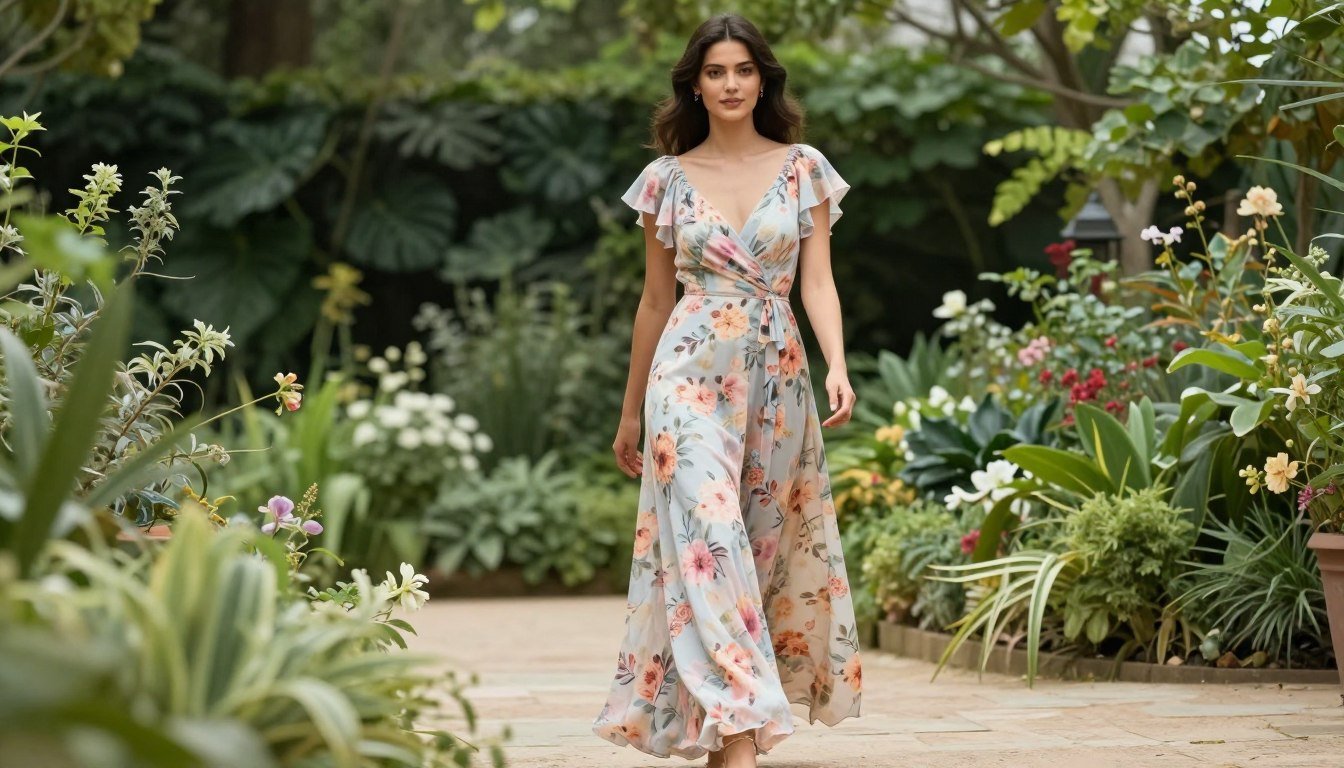 Woman in a pastel floral maxi dress walking through a garden venue, showcasing why floral dresses are ideal for wedding guests