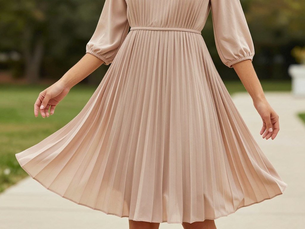Woman in a pleated midi dress with three-quarter sleeves