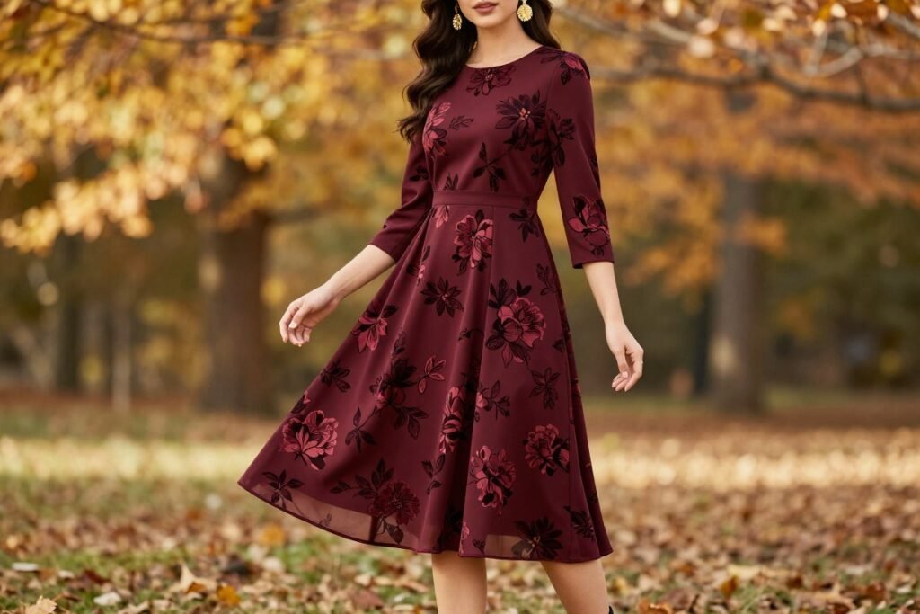Woman in a rich burgundy floral midi dress suitable for a fall wedding