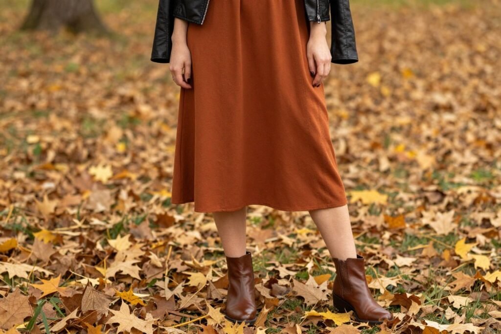 Woman in a rust-colored babydoll dress with ankle boots and leather jacket