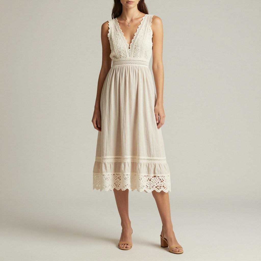 Woman in a rustic chic midi dress with lace details and low heels suitable for a country wedding