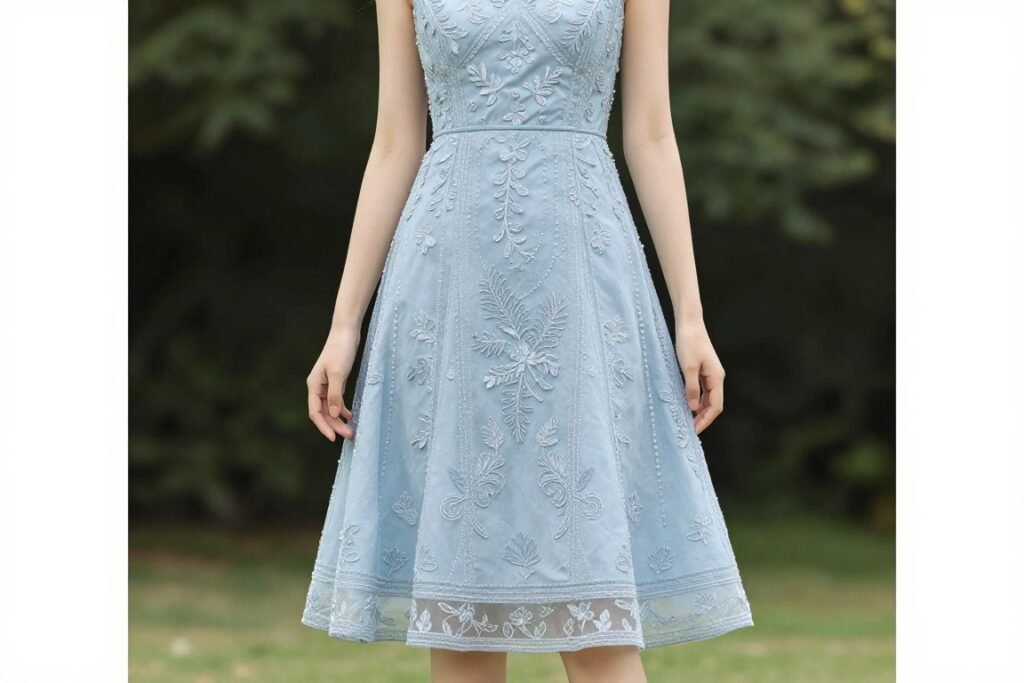 Woman in a tea-length midi dress perfect for garden wedding guests