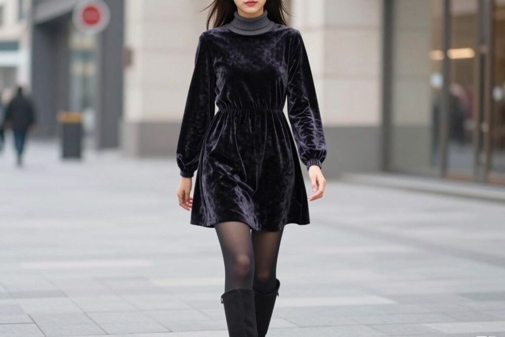 Woman in a velvet babydoll dress with turtleneck underneath and tall boots