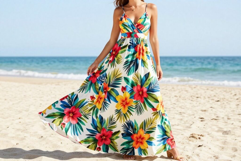 Woman in a vibrant floral maxi dress perfect for a summer beach wedding