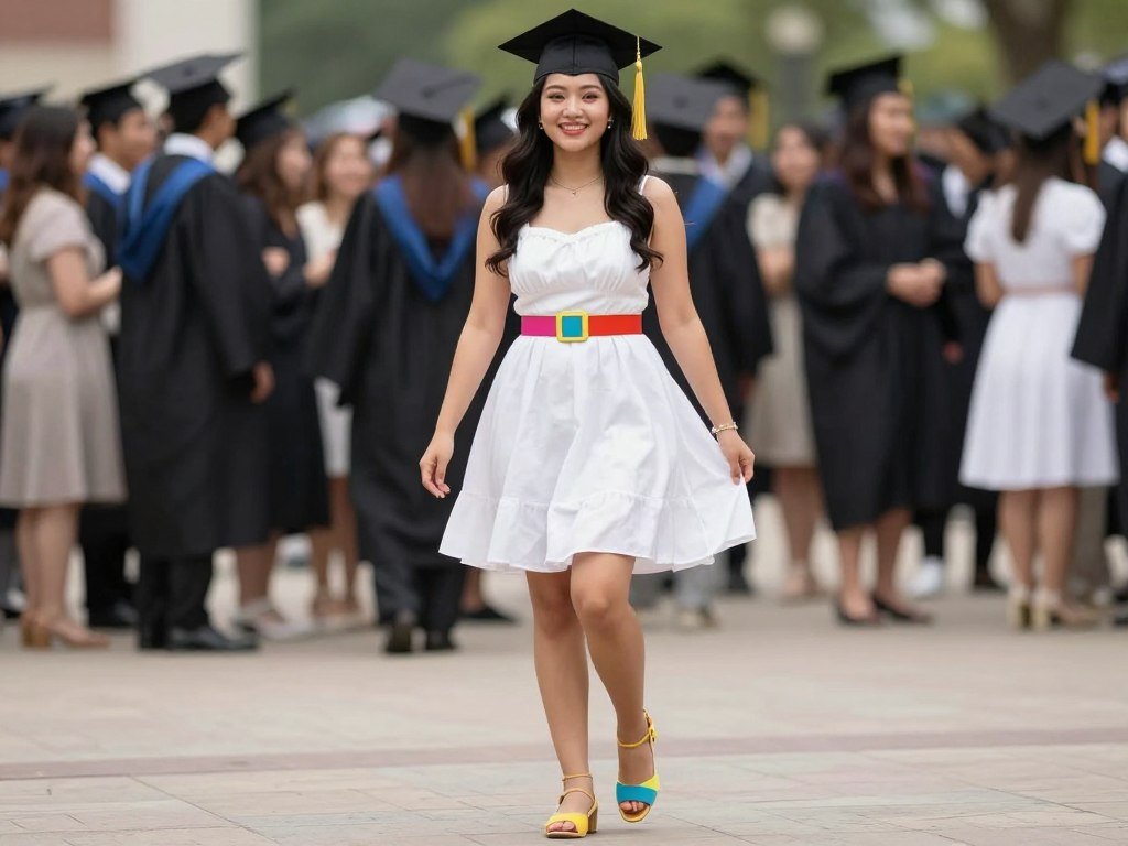 Woman in a white babydoll dress with colorful accessories and comfortable heels