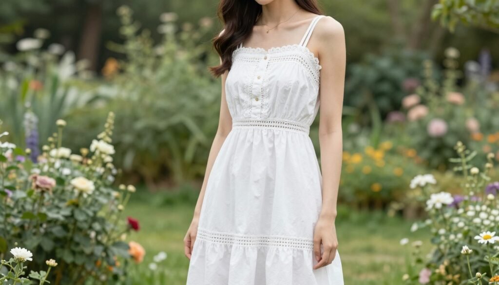 Woman in a white cotton sundress with lace details in a garden setting