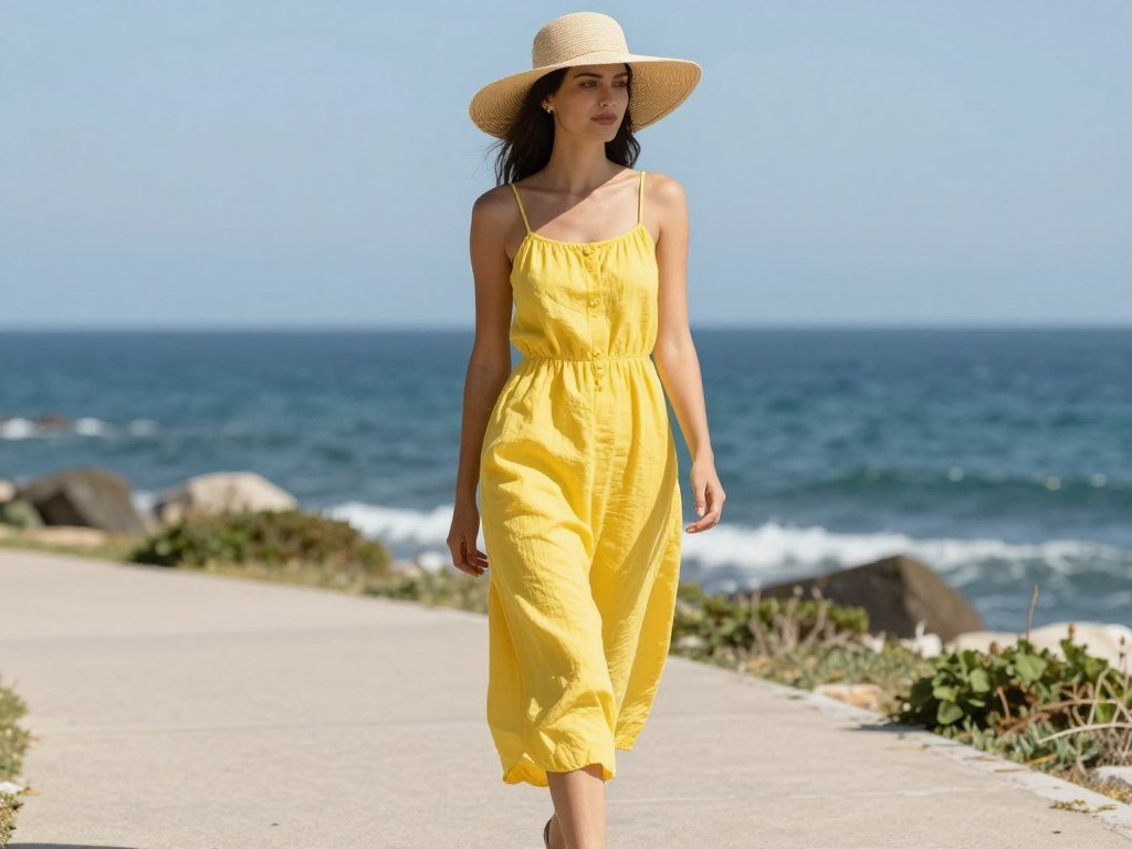 Woman in a yellow linen sundress with straw hat walking along a coastal path