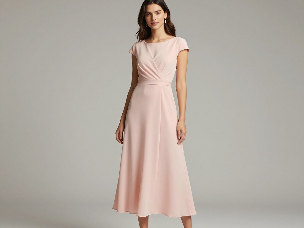 Woman in an A-line spring wedding guest dress with cap sleeves Woman in an A-line spring wedding guest dress with cap sleeves