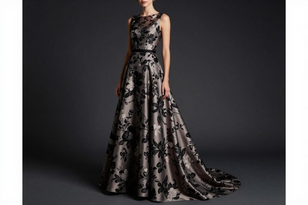 Woman in an elegant black background floral gown suitable for a black-tie wedding