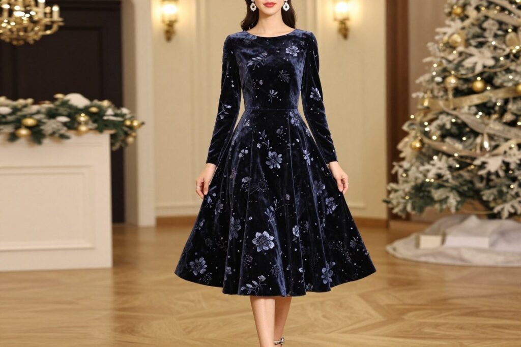 Woman in an elegant dark floral velvet dress ideal for a winter formal wedding