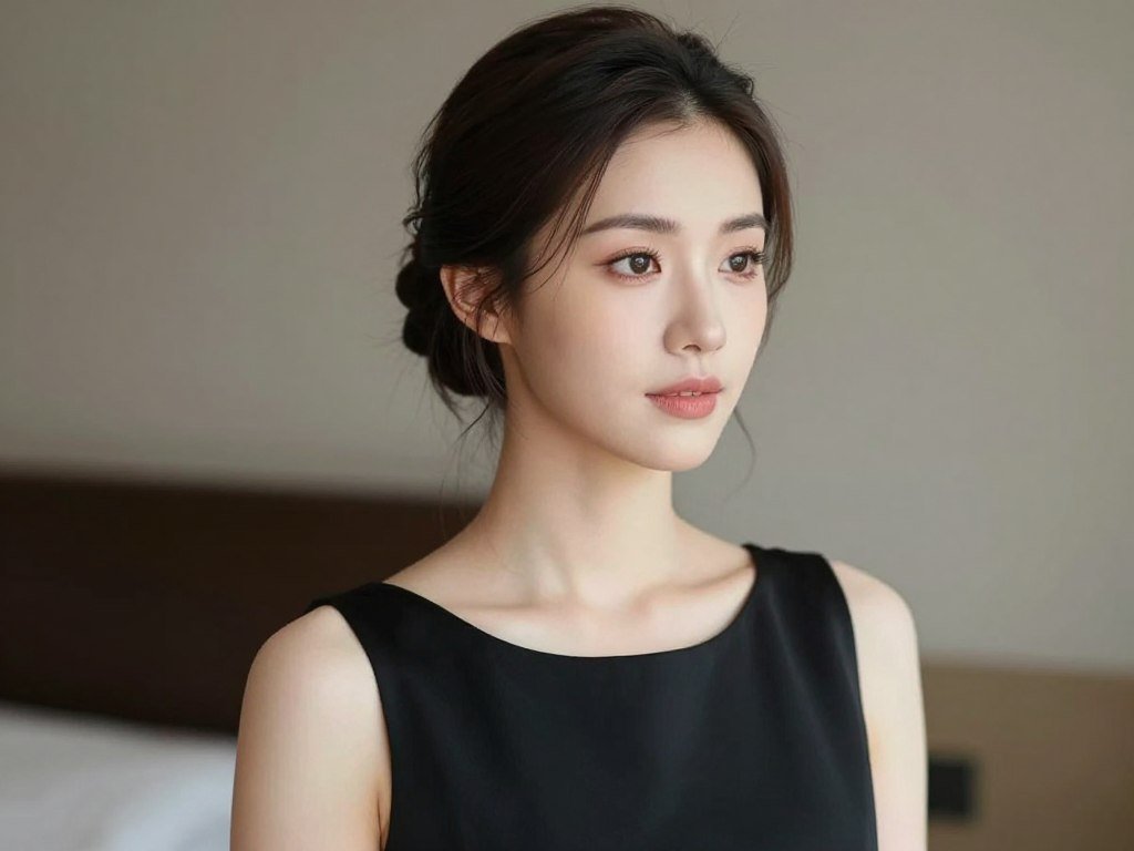 Woman in black dress with soft updo and natural makeup for wedding