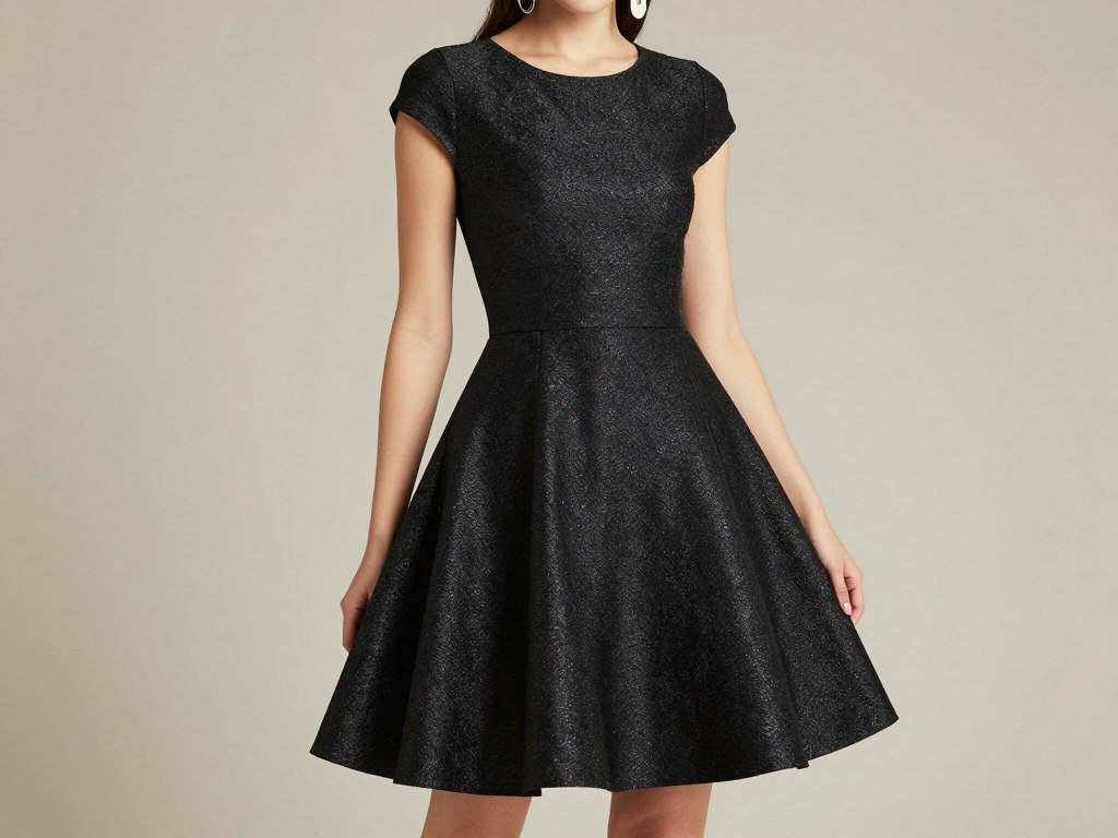Woman in black fit-and-flare dress with subtle shimmer fabric