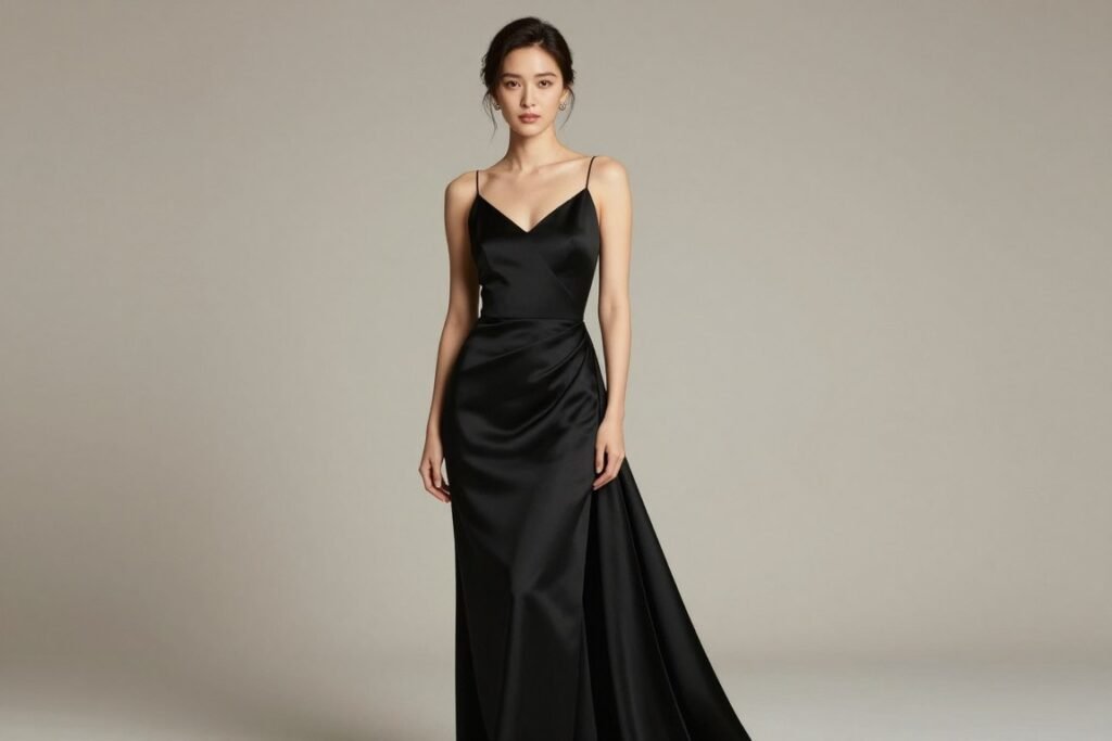 Woman in black floor-length satin gown for black tie wedding