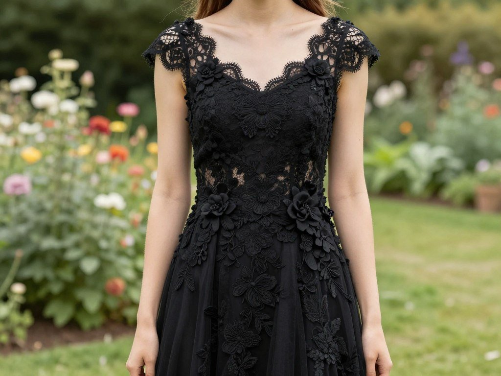 Woman in black lace dress with floral elements at garden wedding