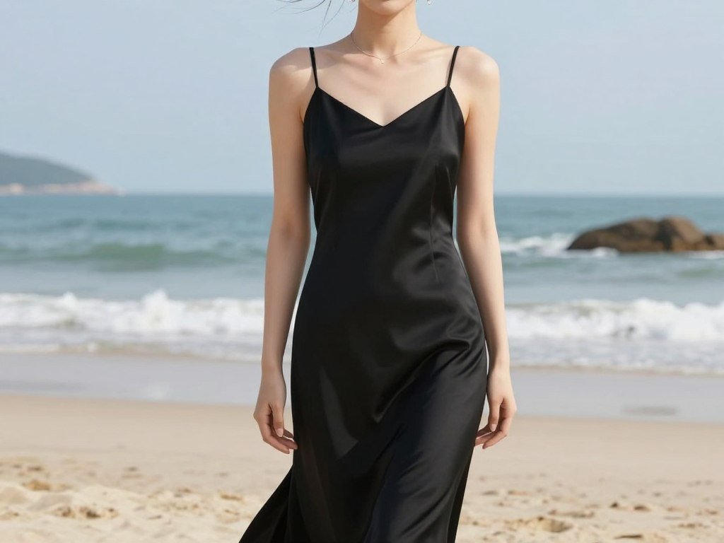 Woman in black slip dress with minimal jewelry at beach wedding