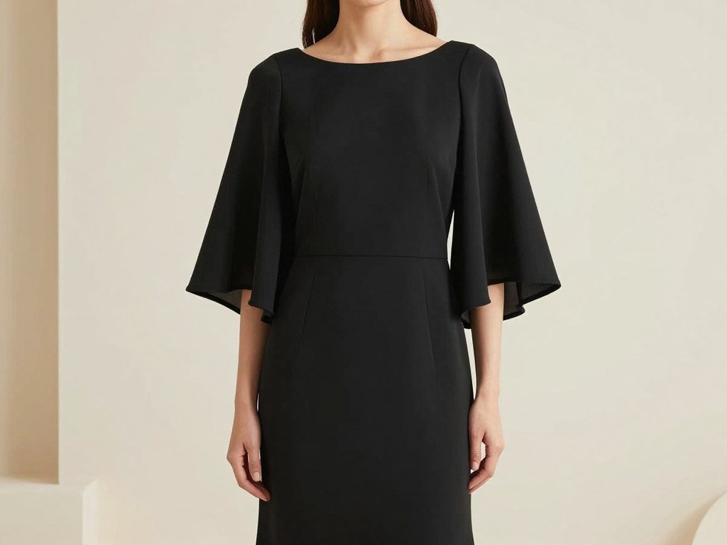 Woman in black tie wedding guest dress with statement sleeves for summer event