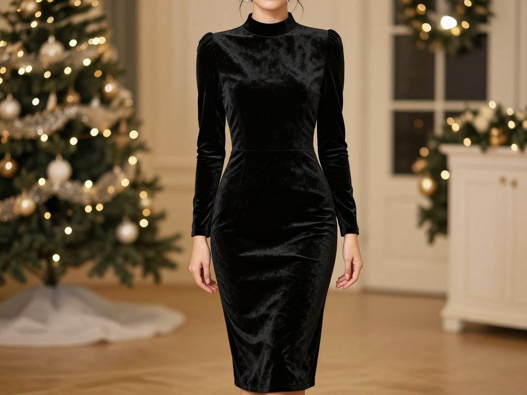 Woman in black velvet long-sleeve dress at winter evening wedding