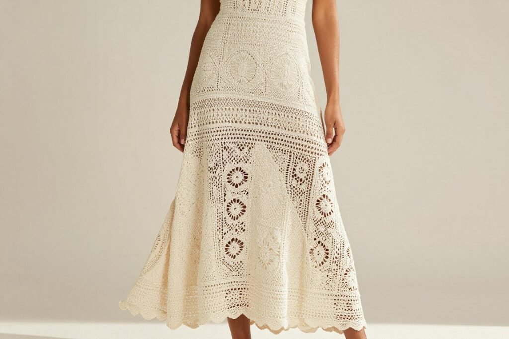 Woman in bohemian crochet maxi dress with floral pattern