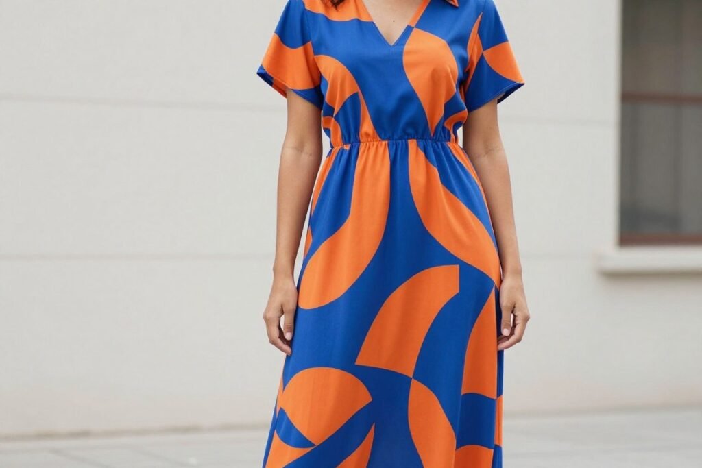 Woman in boldly patterned geometric print maxi dress