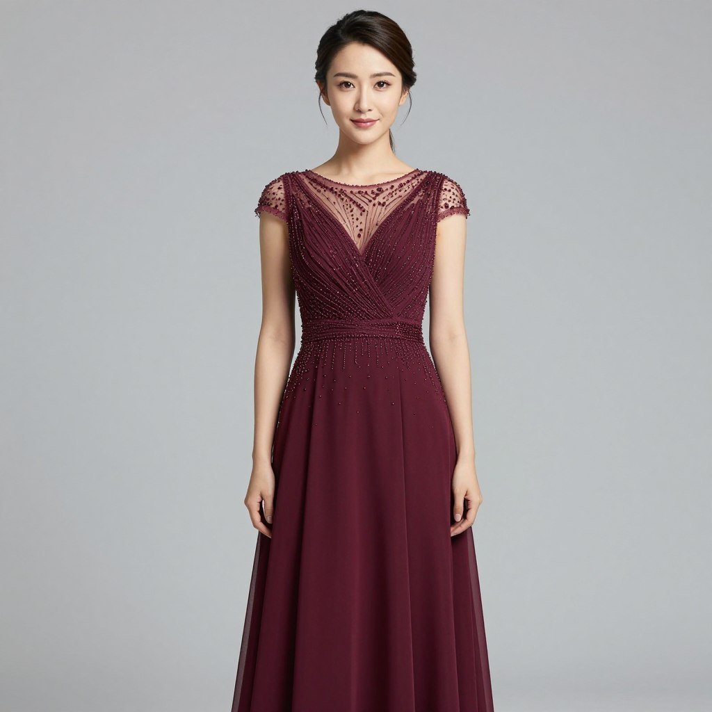 Woman in burgundy formal dress for black tie optional wedding