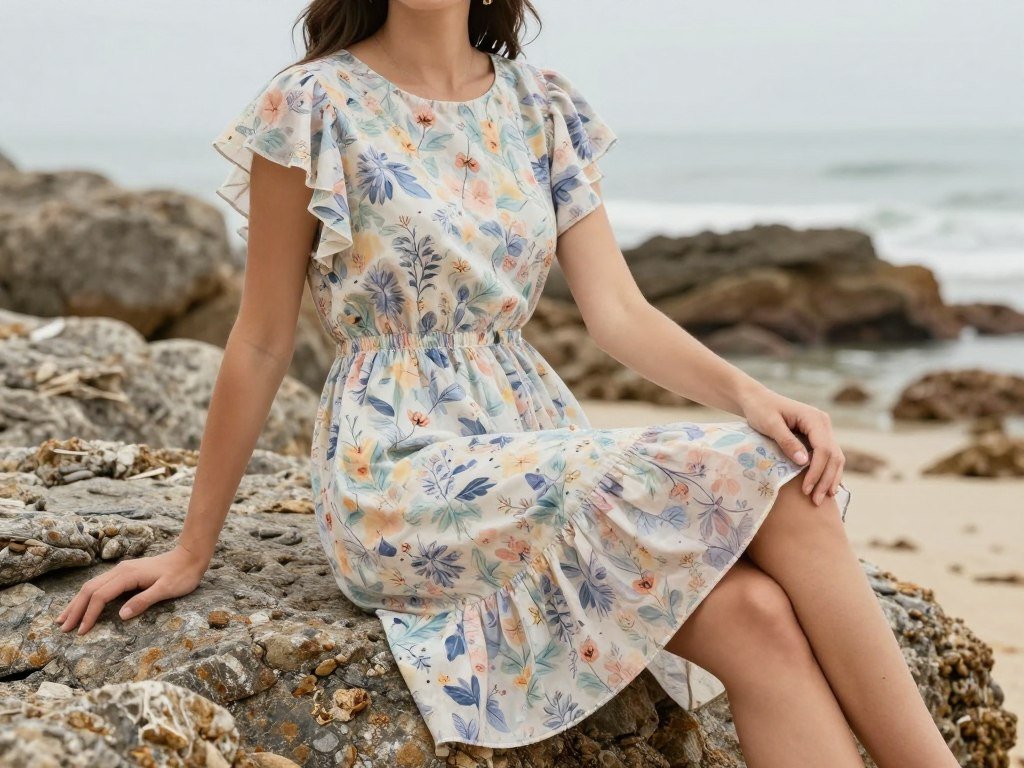 Woman in casual beach wedding guest dress sitting on coastal rocks