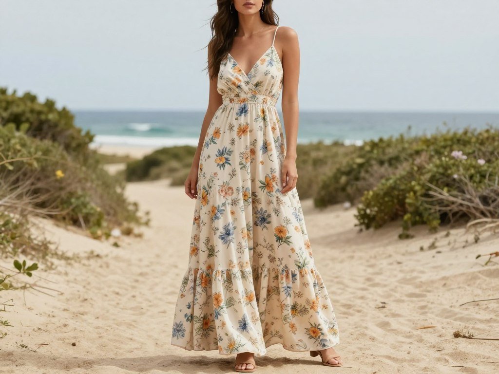 Woman in casual elegant sundress appropriate for beach or garden summer wedding