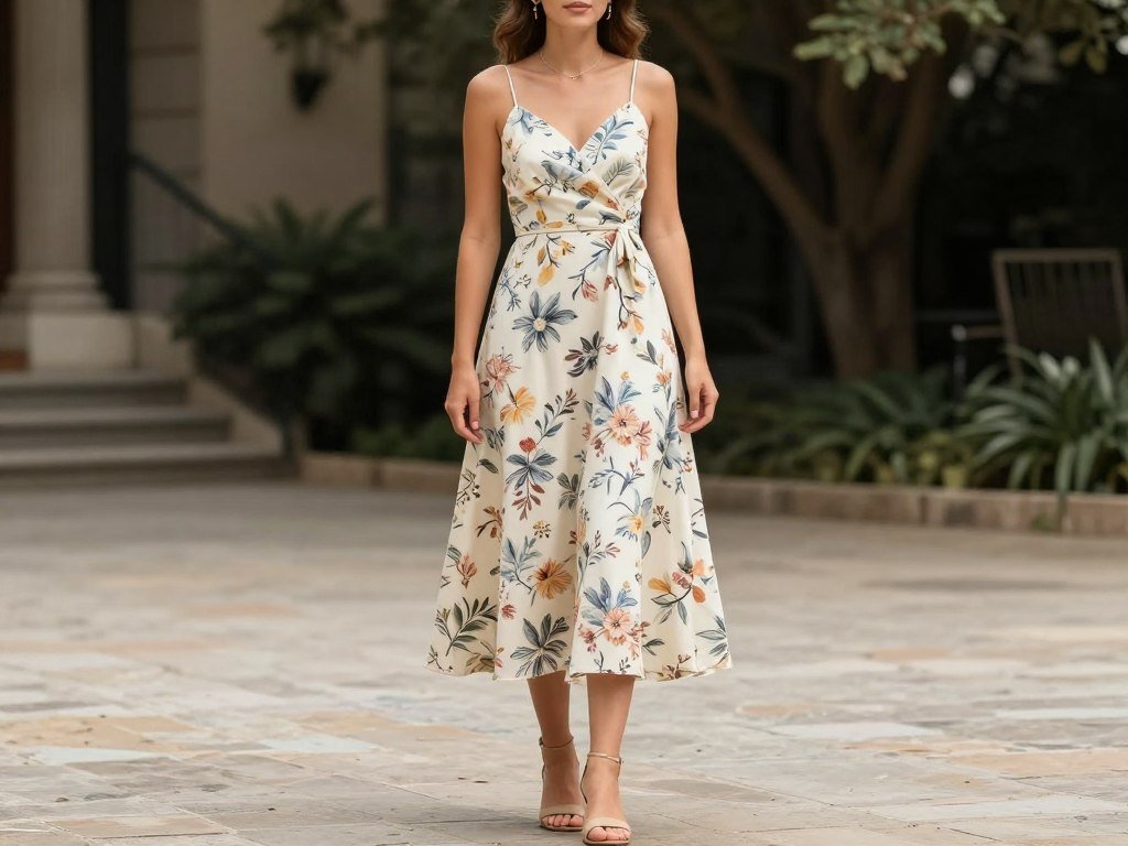 Woman in casual elegant wedding guest outfit with sundress