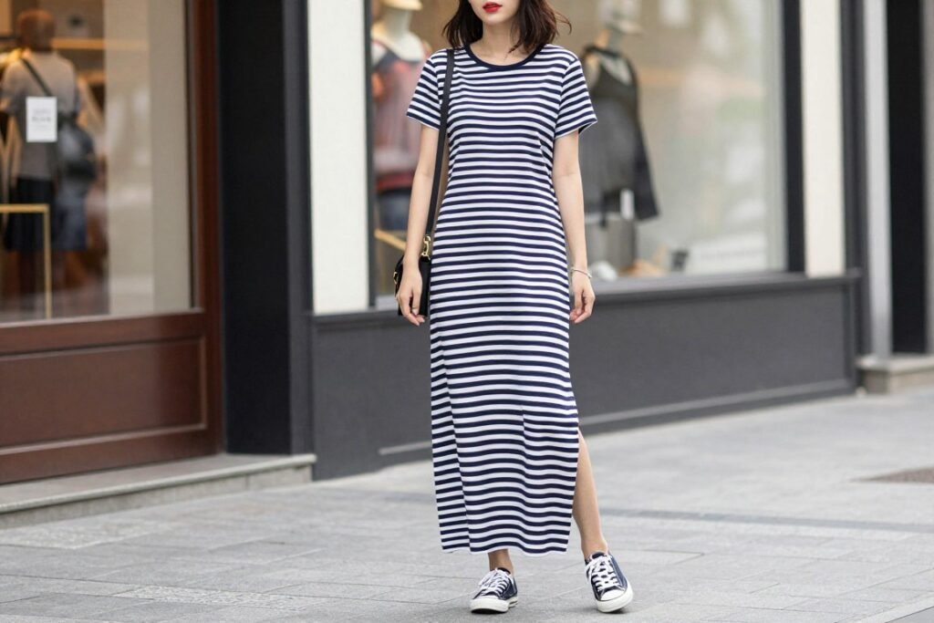 Woman in casual striped t-shirt maxi dress shopping in town