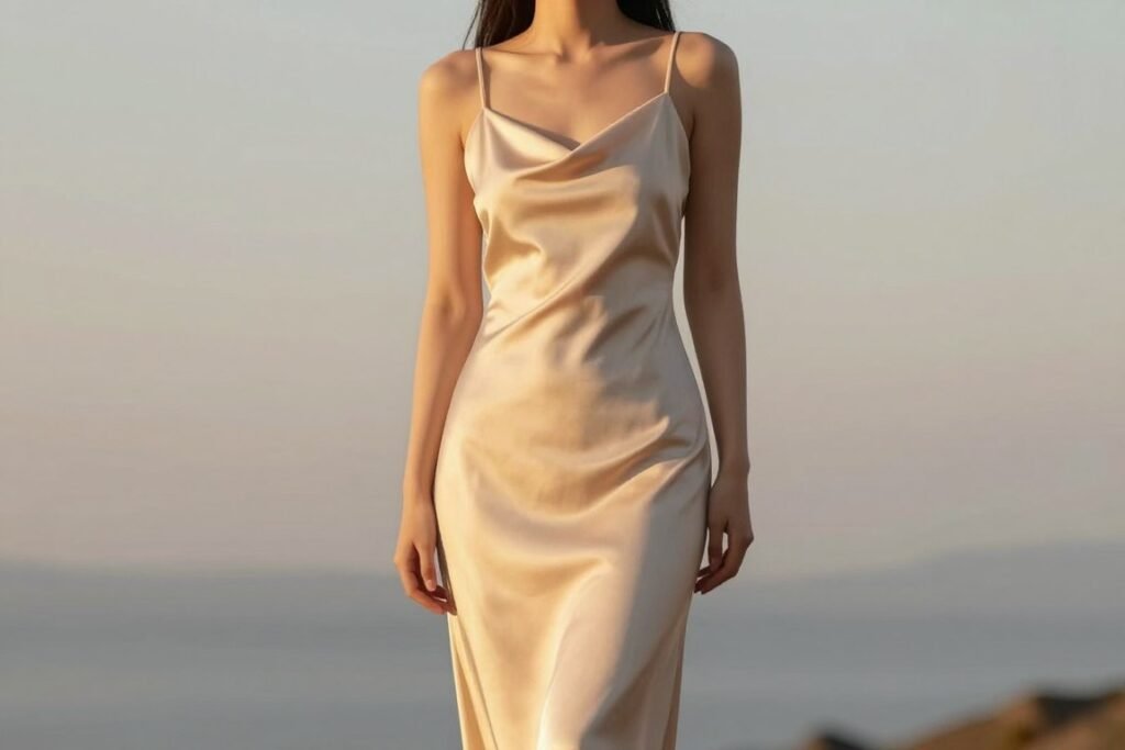 Woman in champagne-colored long slip dress at sunset