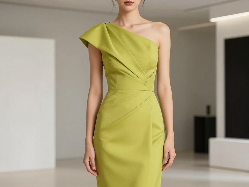Woman in chartreuse green structured dress at modern wedding venue