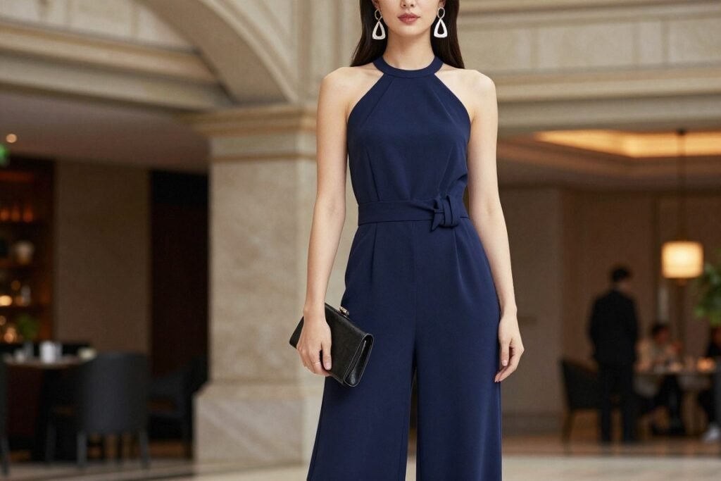 Woman in chic jumpsuit styled for formal summer wedding