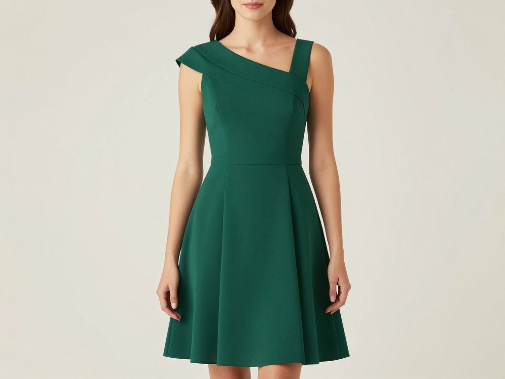 Woman in classic A-line cocktail dress with modern neckline detail
