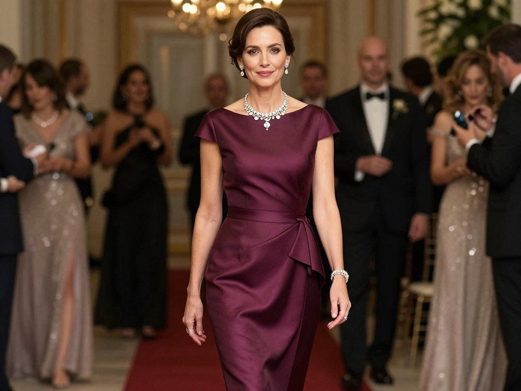 Woman in cocktail attire wedding guest outfit with knee-length dress