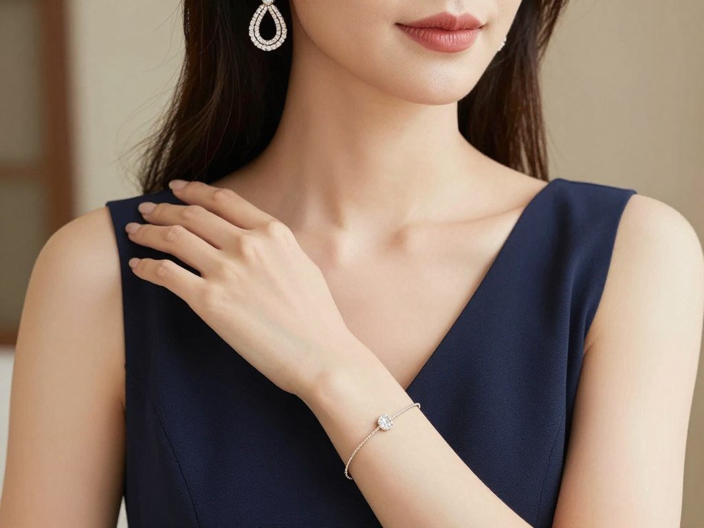 Woman in cocktail dress with elegant statement earrings and bracelet