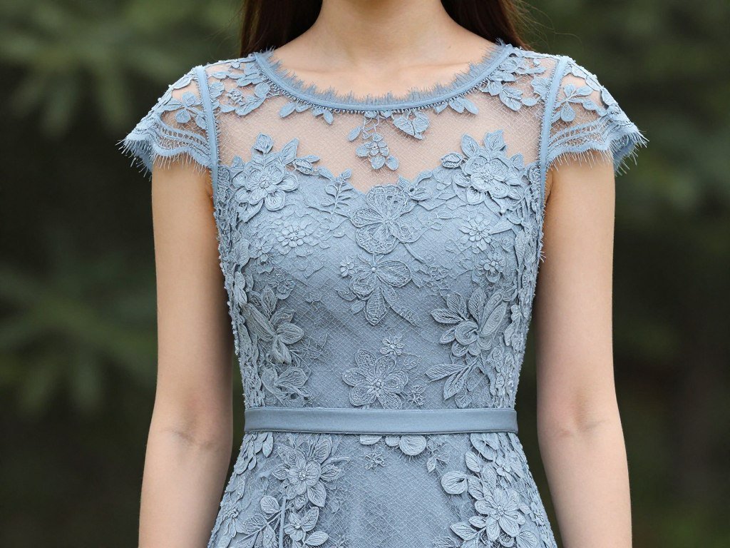 Woman in cocktail dress with lace overlay details