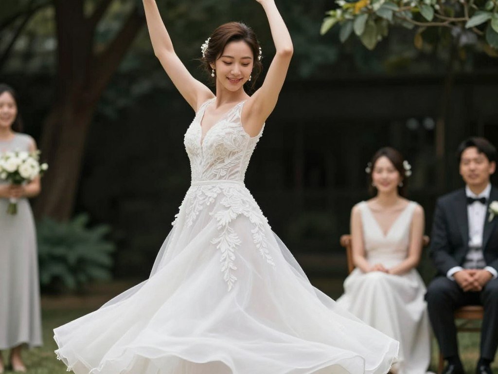 Woman in comfortable yet elegant wedding guest dress showing freedom of movement