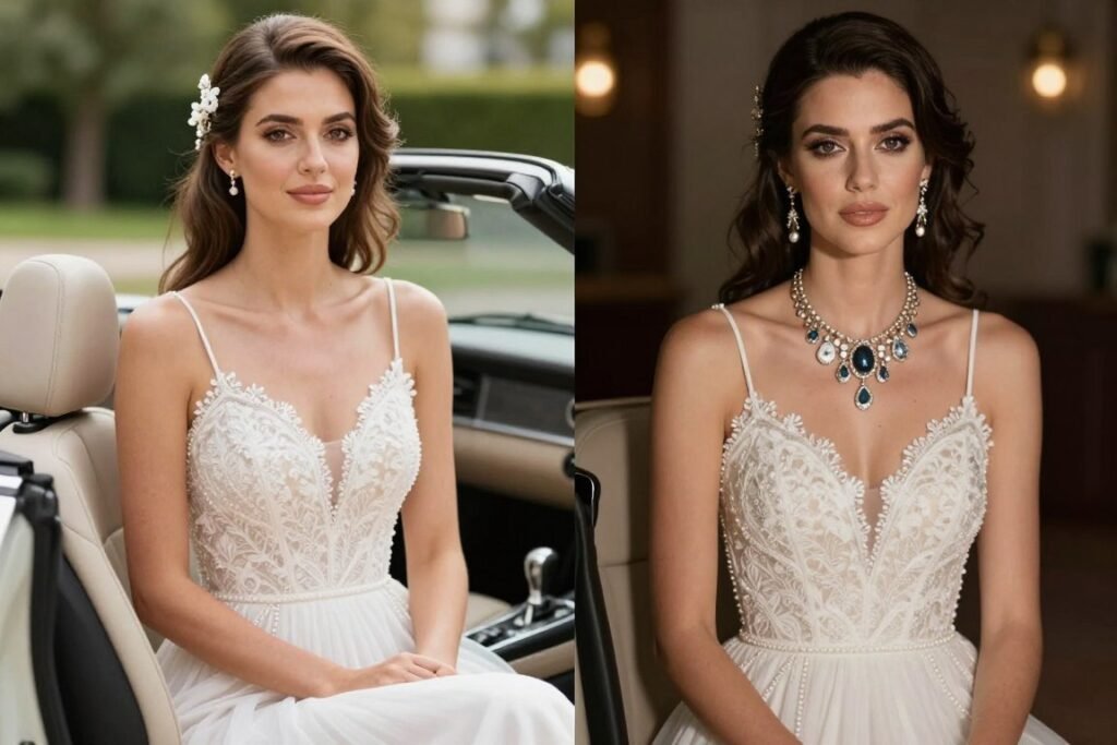 Woman in convertible dress showing day to evening styling for summer wedding